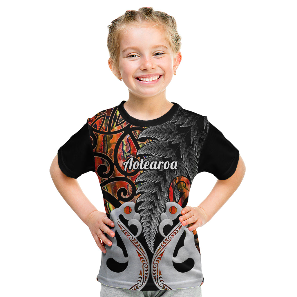 Personalised New Zealand Kid T Shirt Te Manaia Mangopare Maori And Fern Orange Style - Wonder Print Shop