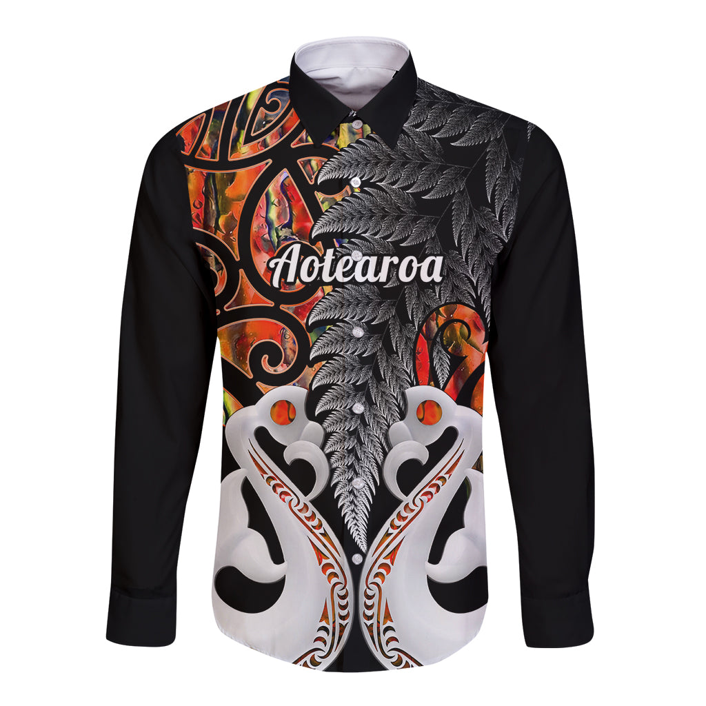 Personalised New Zealand Long Sleeve Button Shirt Te Manaia Mangopare Maori And Fern Orange Style - Wonder Print Shop