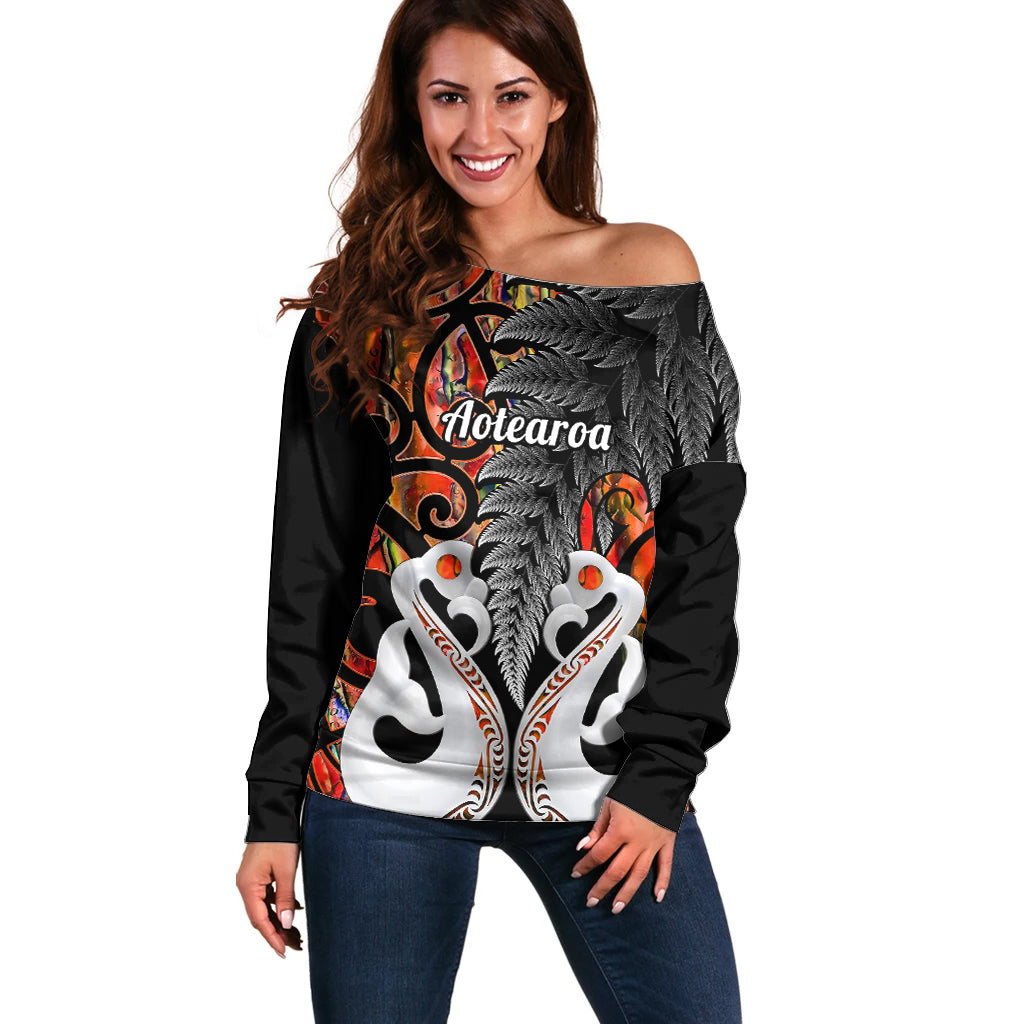 Personalised New Zealand Off Shoulder Sweater Te Manaia Mangopare Maori And Fern Orange Style - Wonder Print Shop
