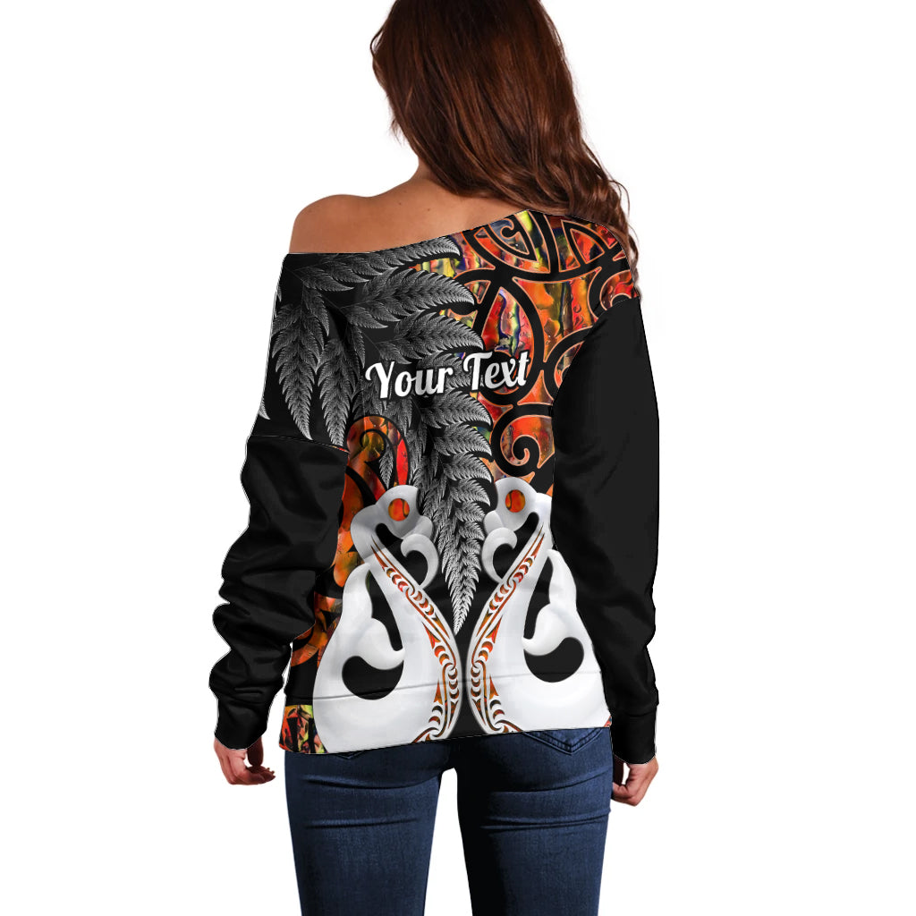 Personalised New Zealand Off Shoulder Sweater Te Manaia Mangopare Maori And Fern Orange Style - Wonder Print Shop