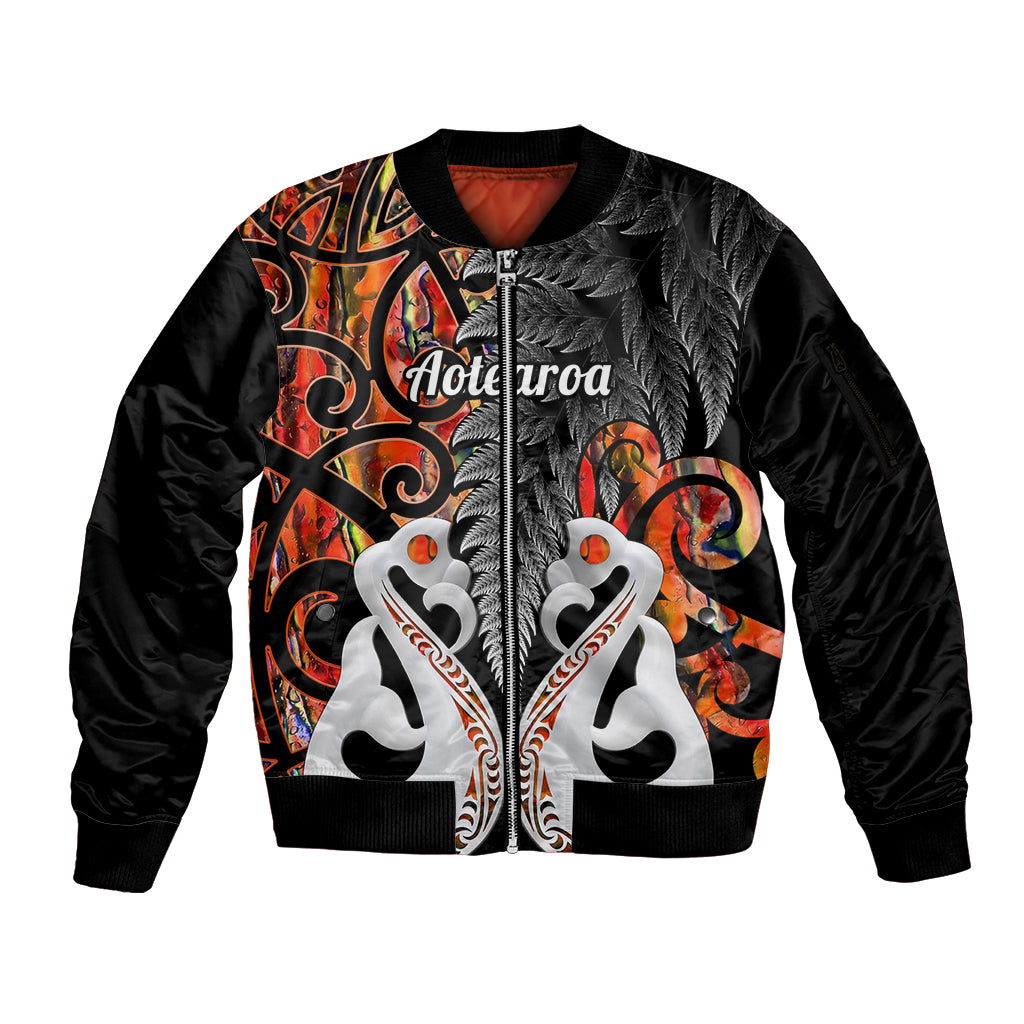 Personalised New Zealand Sleeve Zip Bomber Jacket Te Manaia Mangopare Maori And Fern Orange Style - Wonder Print Shop