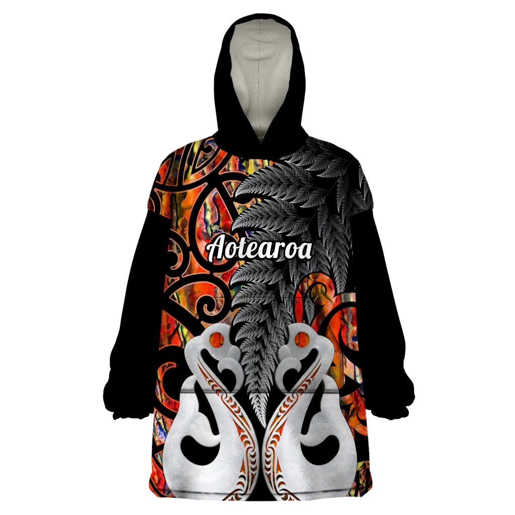 Personalised New Zealand Wearable Blanket Hoodie Te Manaia Mangopare Maori And Fern Orange Style - Wonder Print Shop