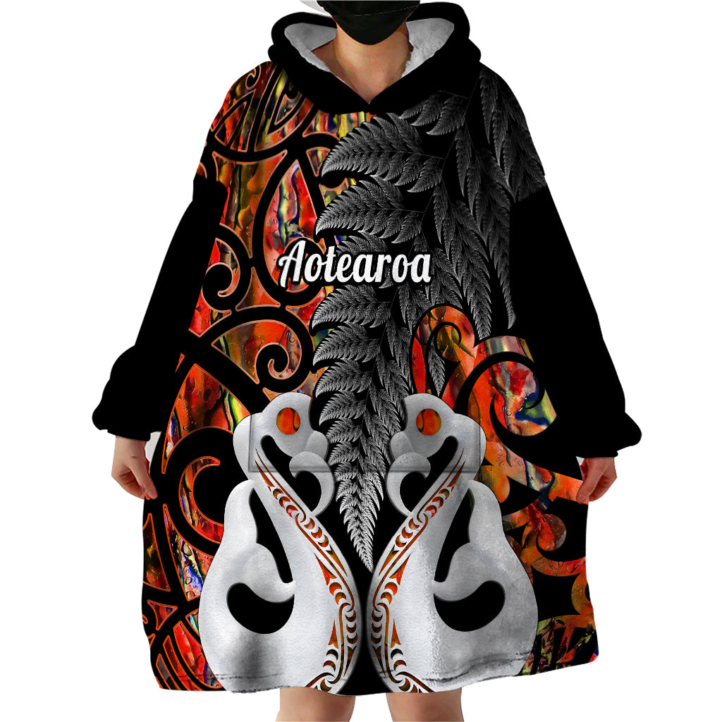 Personalised New Zealand Wearable Blanket Hoodie Te Manaia Mangopare Maori And Fern Orange Style - Wonder Print Shop