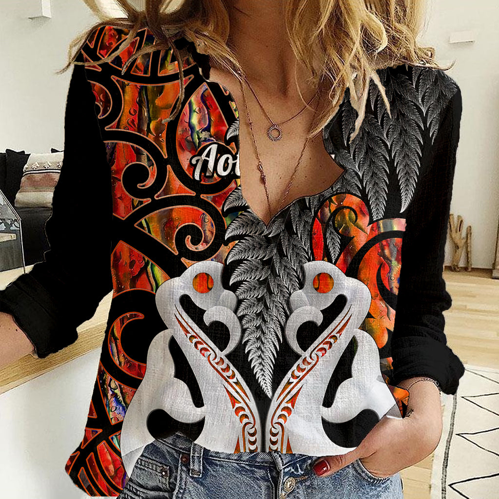 Personalised New Zealand Women Casual Shirt Te Manaia Mangopare Maori And Fern Orange Style - Wonder Print Shop