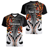 Personalised New Zealand Women V Neck T Shirt Te Manaia Mangopare Maori And Fern Orange Style - Wonder Print Shop