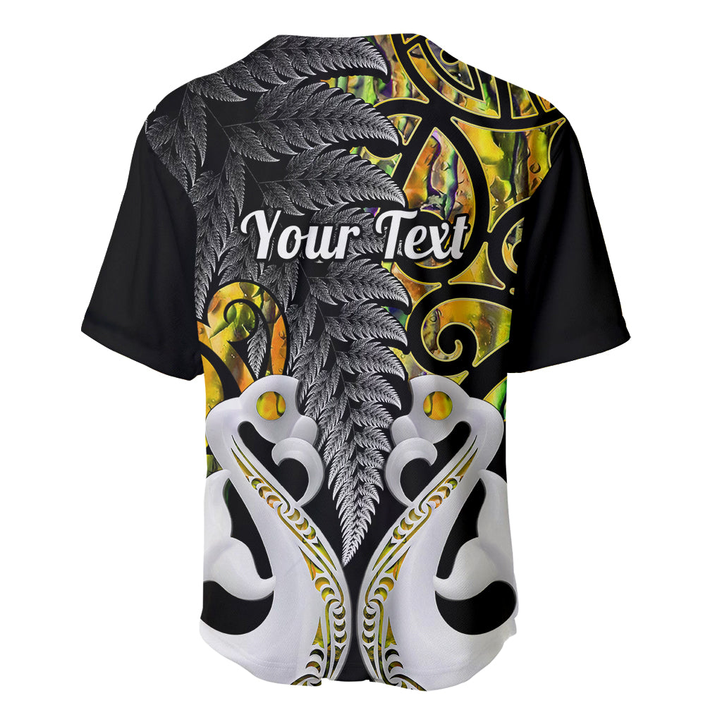 Black-and-gold baseball jersey back with white Maori fern graphic and 'Your Text' print