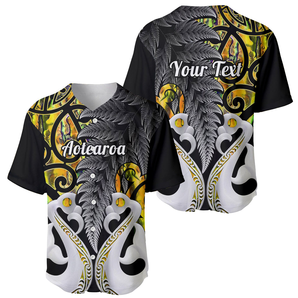 Baseball jersey pair: black-and-gold Maori fern front and back with 'Aotearoa' and text