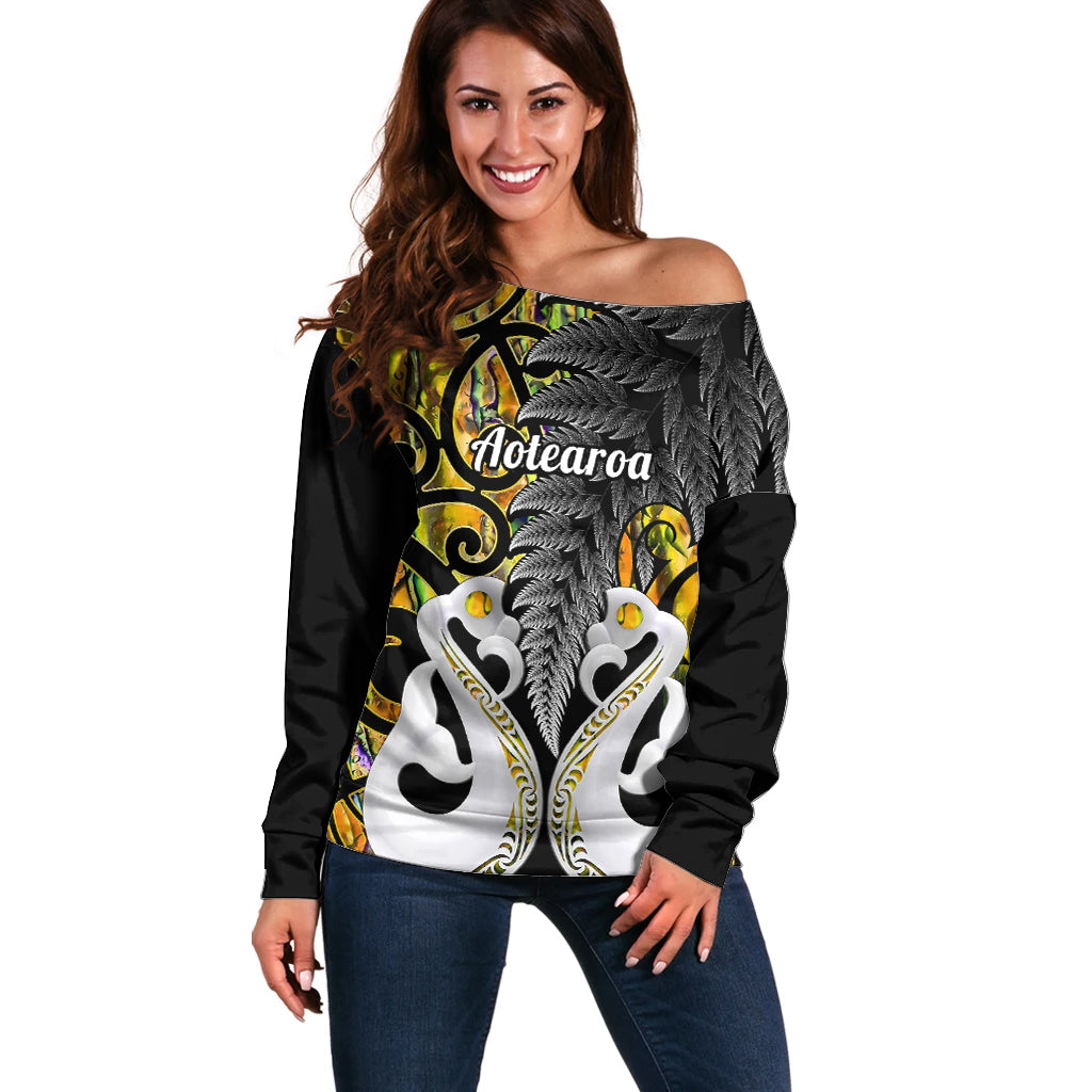 Personalised New Zealand Off Shoulder Sweater Te Manaia Mangopare Maori And Fern Gold Style - Wonder Print Shop