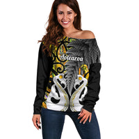 Personalised New Zealand Off Shoulder Sweater Te Manaia Mangopare Maori And Fern Gold Style - Wonder Print Shop