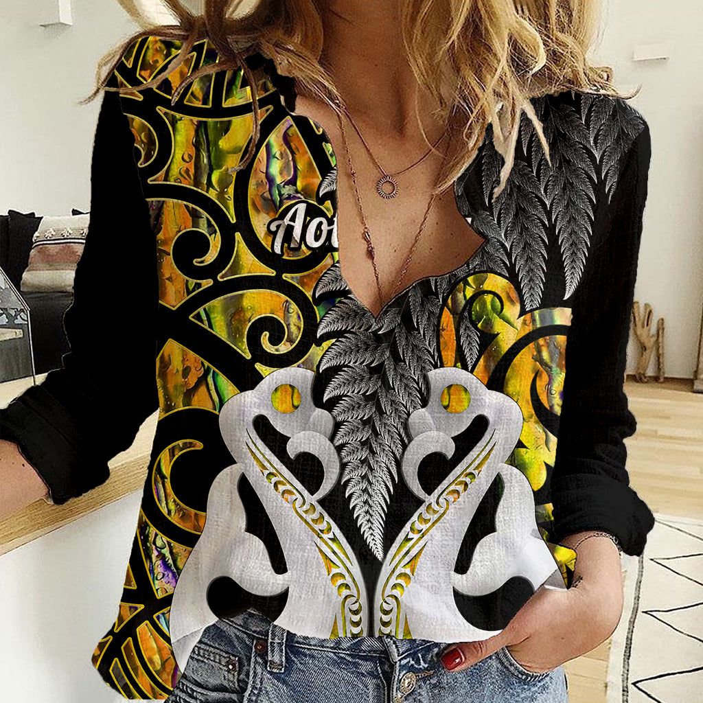 Personalised New Zealand Women Casual Shirt Te Manaia Mangopare Maori And Fern Gold Style - Wonder Print Shop