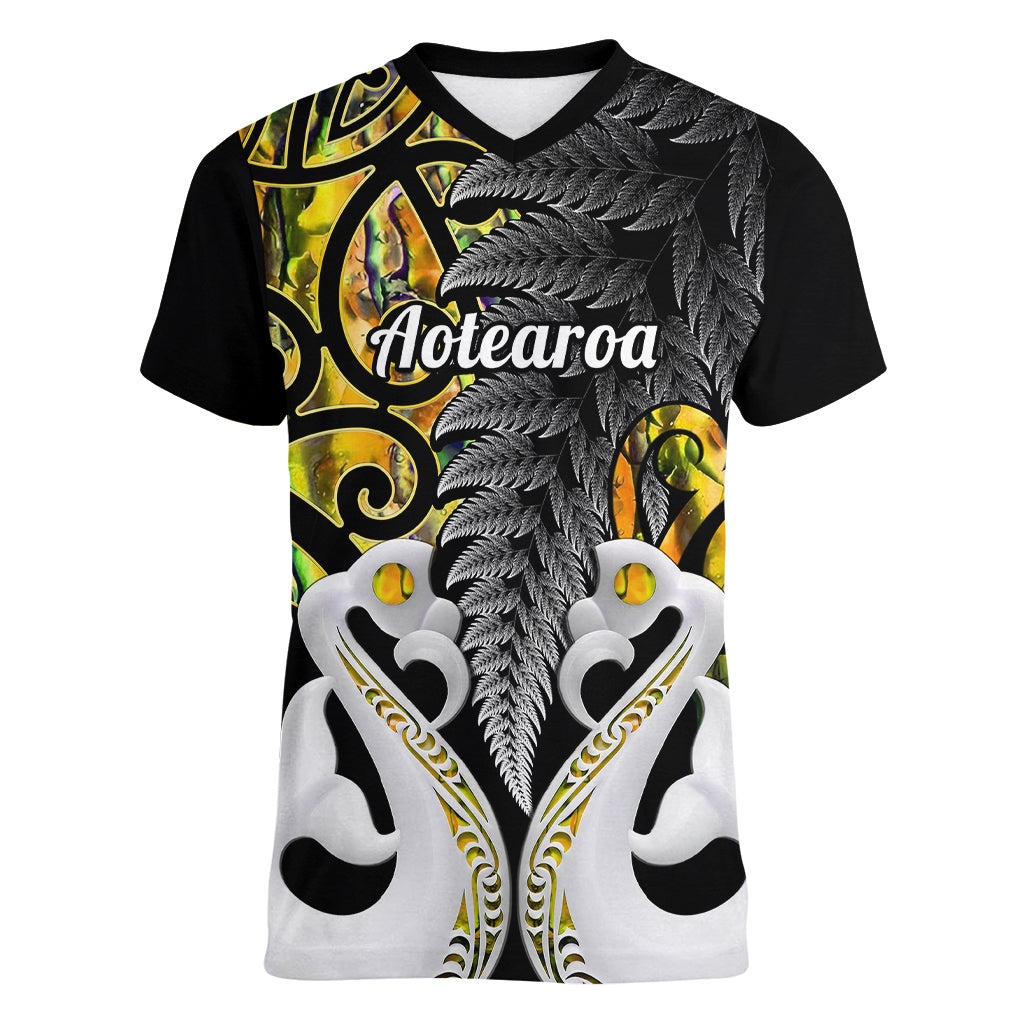 Personalised New Zealand Women V Neck T Shirt Te Manaia Mangopare Maori And Fern Gold Style - Wonder Print Shop