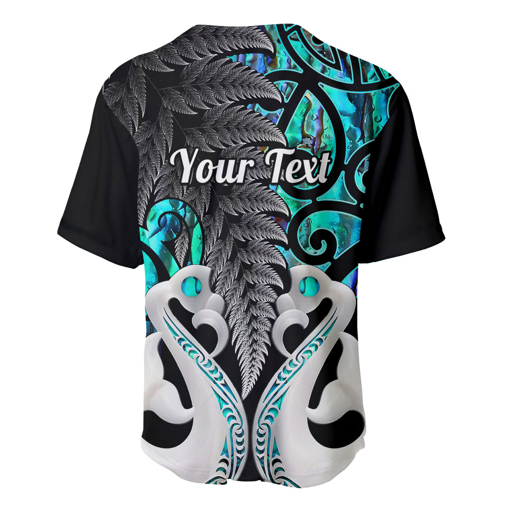 Black and turquoise baseball jersey with fern graphics and 'Your Text' panel