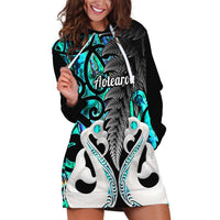 Personalised New Zealand Hoodie Dress Te Manaia Mangopare Maori And Fern Turquoise Style - Wonder Print Shop