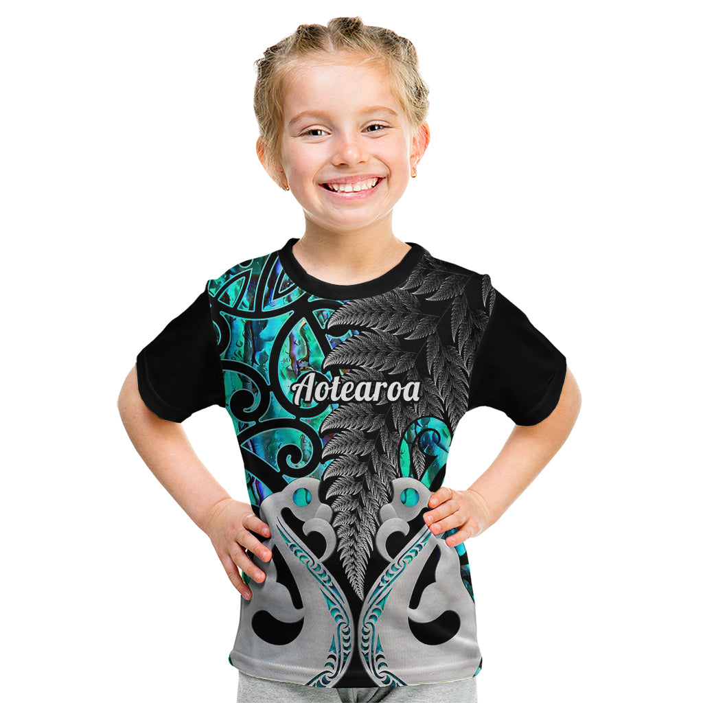 Personalised New Zealand Kid T Shirt Te Manaia Mangopare Maori And Fern Turquoise Style - Wonder Print Shop