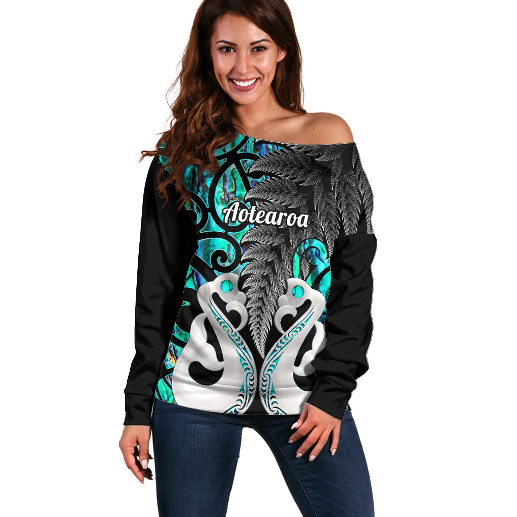 Personalised New Zealand Off Shoulder Sweater Te Manaia Mangopare Maori And Fern Turquoise Style - Wonder Print Shop