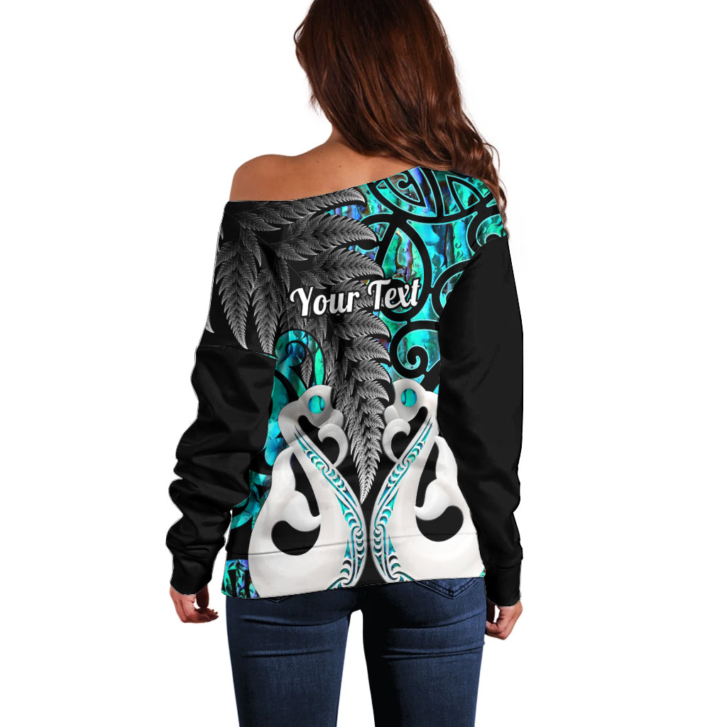 Personalised New Zealand Off Shoulder Sweater Te Manaia Mangopare Maori And Fern Turquoise Style - Wonder Print Shop