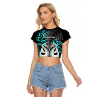 Personalised New Zealand Raglan Cropped T Shirt Te Manaia Mangopare Maori And Fern Turquoise Style - Wonder Print Shop