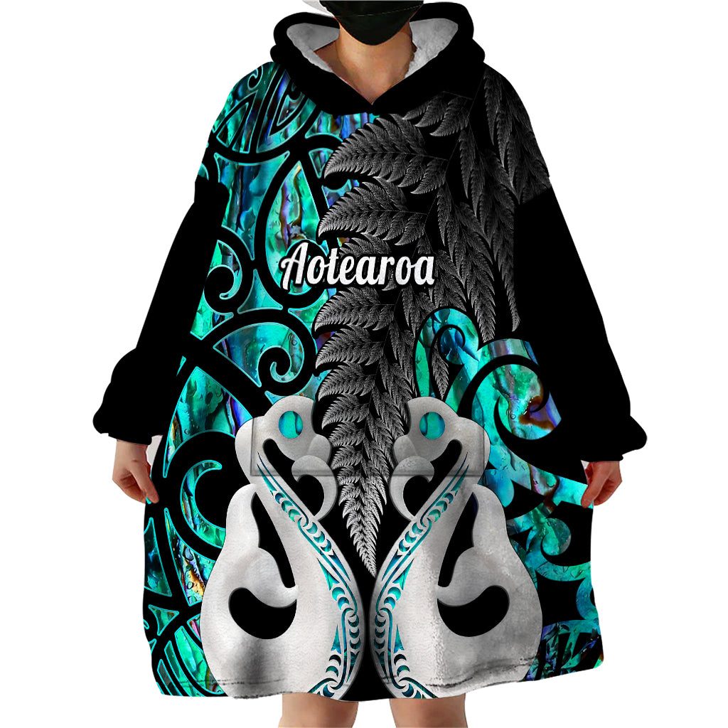 Personalised New Zealand Wearable Blanket Hoodie Te Manaia Mangopare Maori And Fern Turquoise Style - Wonder Print Shop