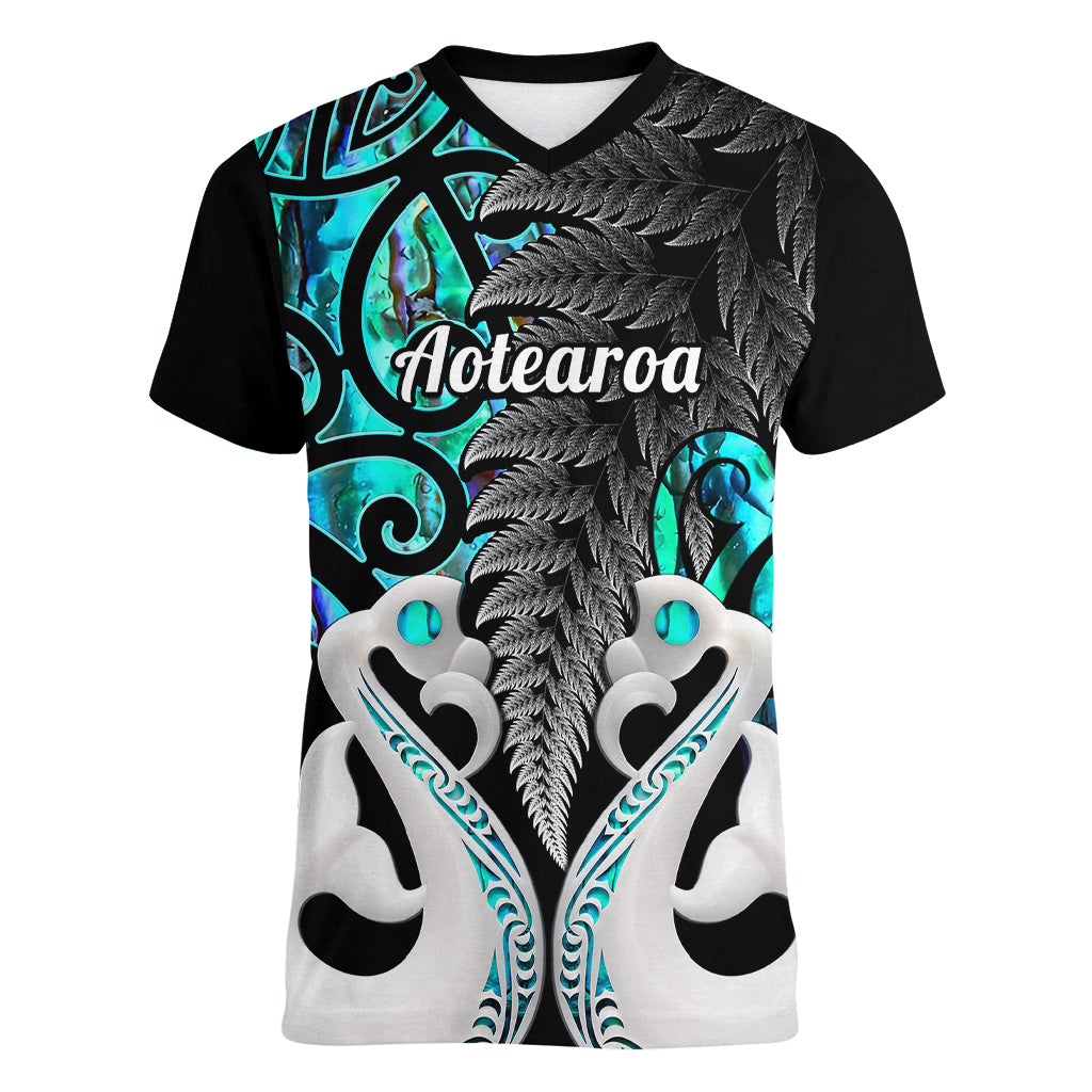 Personalised New Zealand Women V Neck T Shirt Te Manaia Mangopare Maori And Fern Turquoise Style - Wonder Print Shop