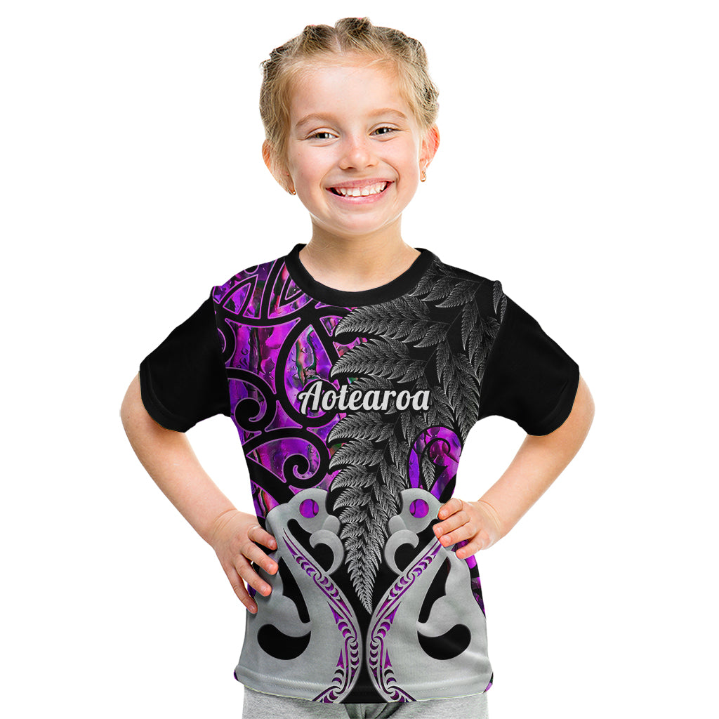 Personalised New Zealand Kid T Shirt Te Manaia Mangopare Maori And Fern Purple Style - Wonder Print Shop