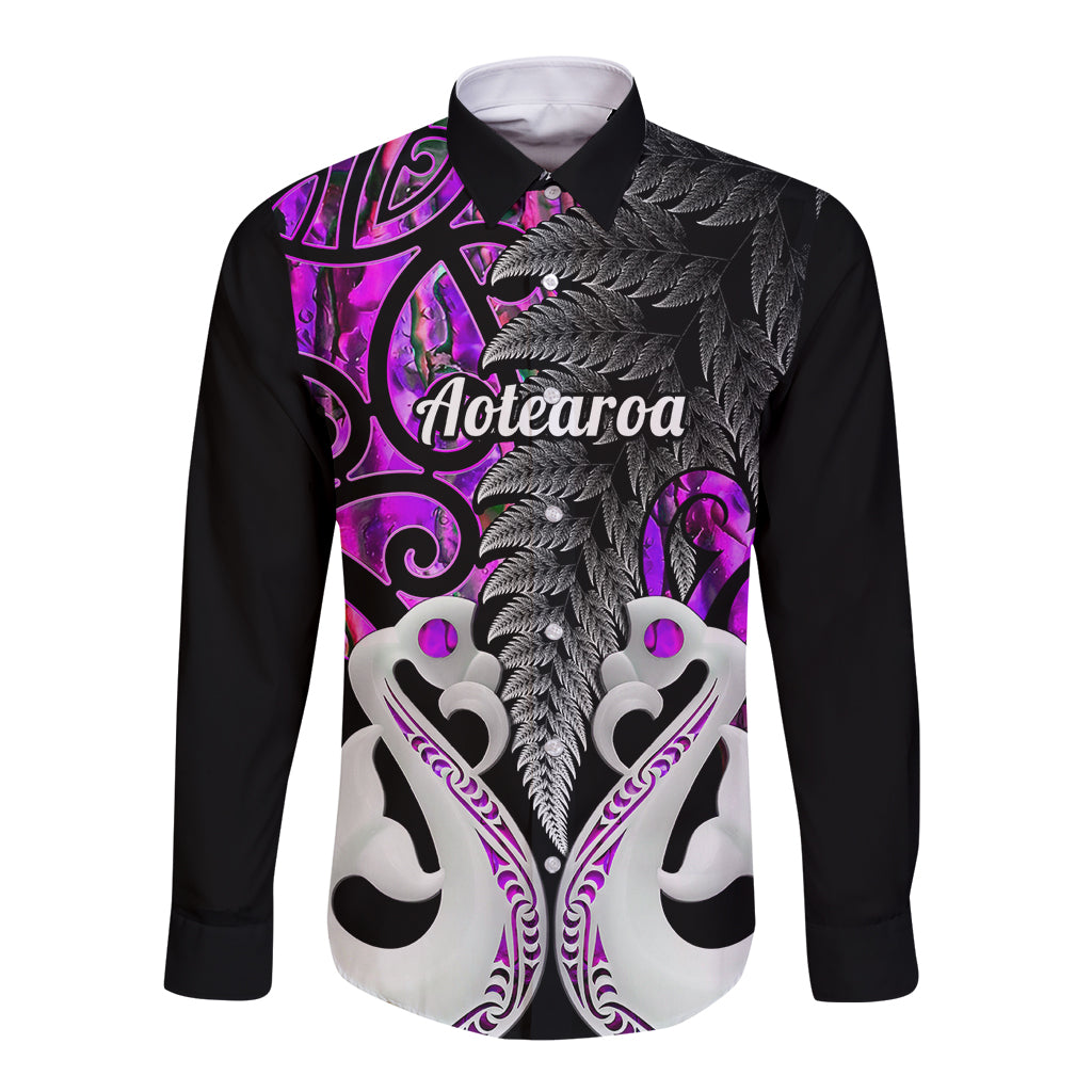 Personalised New Zealand Long Sleeve Button Shirt Te Manaia Mangopare Maori And Fern Purple Style - Wonder Print Shop