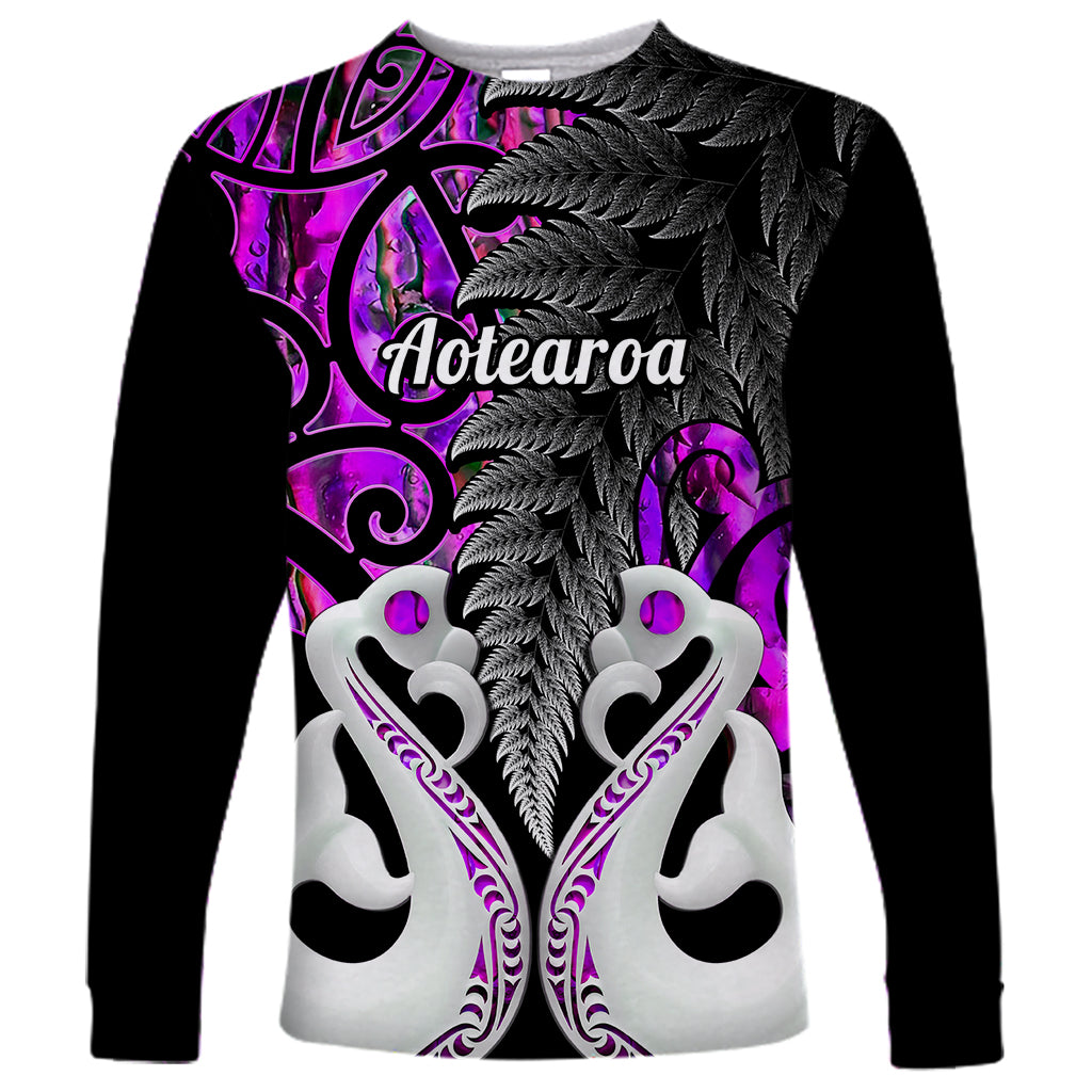 Personalised New Zealand Long Sleeve Shirt Te Manaia Mangopare Maori And Fern Purple Style - Wonder Print Shop