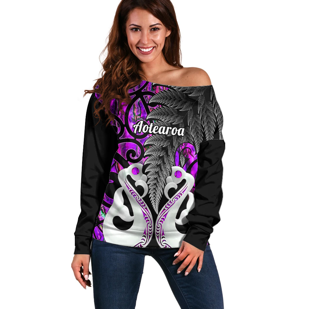 Personalised New Zealand Off Shoulder Sweater Te Manaia Mangopare Maori And Fern Purple Style - Wonder Print Shop