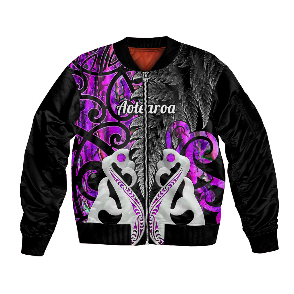 Personalised New Zealand Sleeve Zip Bomber Jacket Te Manaia Mangopare Maori And Fern Purple Style - Wonder Print Shop