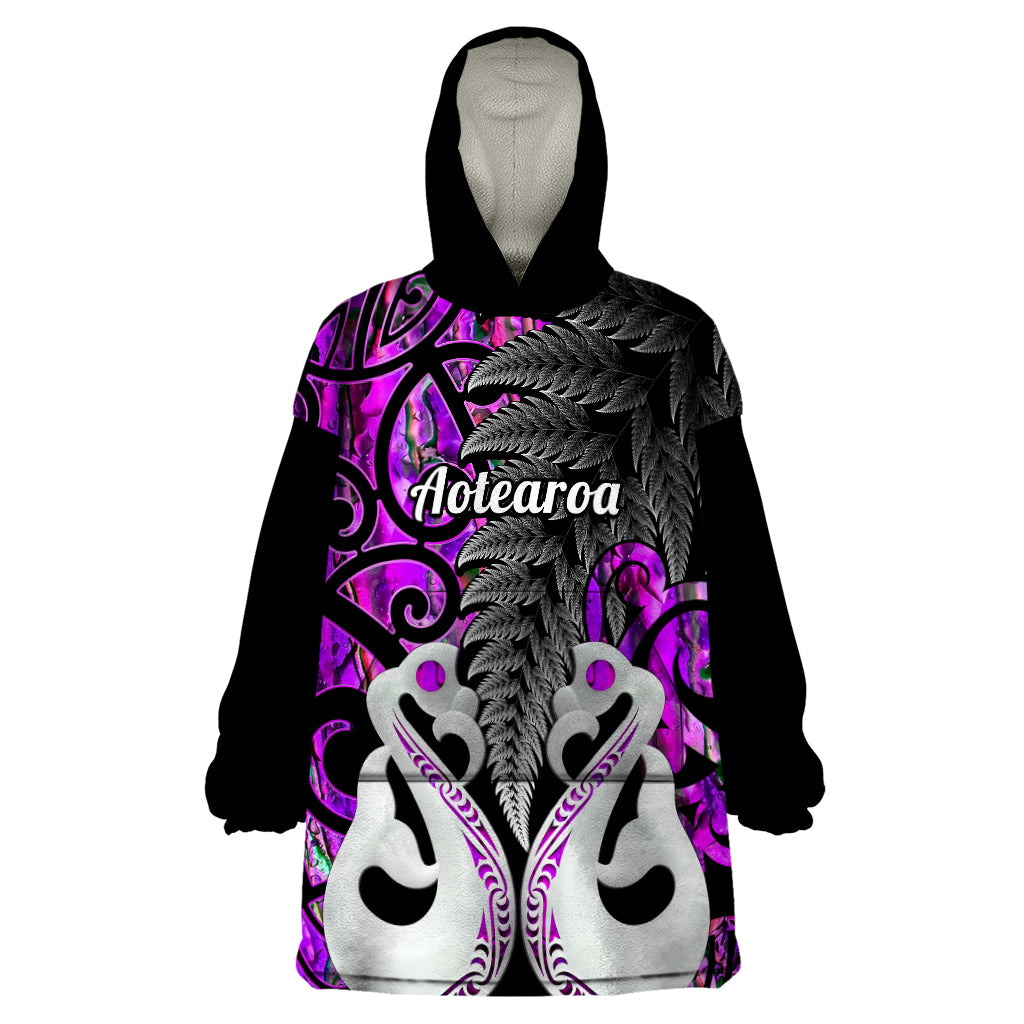 Personalised New Zealand Wearable Blanket Hoodie Te Manaia Mangopare Maori And Fern Purple Style - Wonder Print Shop