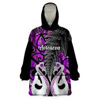 Personalised New Zealand Wearable Blanket Hoodie Te Manaia Mangopare Maori And Fern Purple Style - Wonder Print Shop