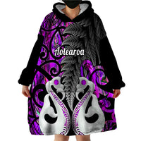 Personalised New Zealand Wearable Blanket Hoodie Te Manaia Mangopare Maori And Fern Purple Style - Wonder Print Shop