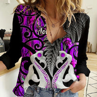 Personalised New Zealand Women Casual Shirt Te Manaia Mangopare Maori And Fern Purple Style - Wonder Print Shop