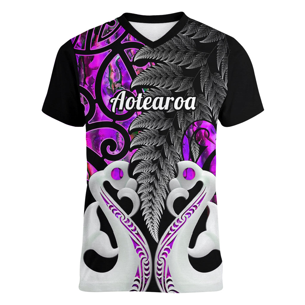 Personalised New Zealand Women V Neck T Shirt Te Manaia Mangopare Maori And Fern Purple Style - Wonder Print Shop