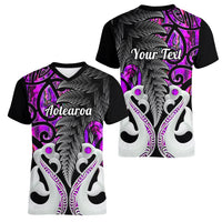 Personalised New Zealand Women V Neck T Shirt Te Manaia Mangopare Maori And Fern Purple Style - Wonder Print Shop