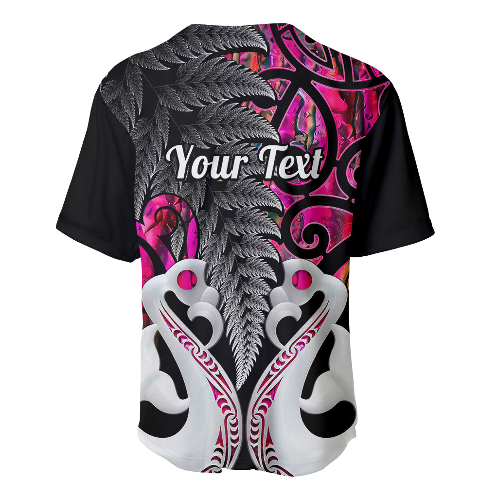 Pink and black baseball jersey back with fern print and 'Your Text' lettering
