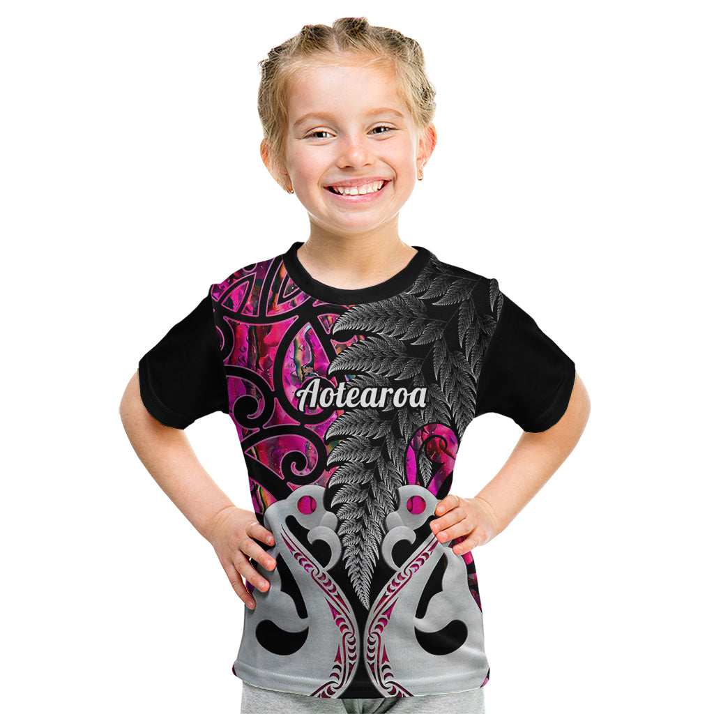 Personalised New Zealand Kid T Shirt Te Manaia Mangopare Maori And Fern Pink Style - Wonder Print Shop