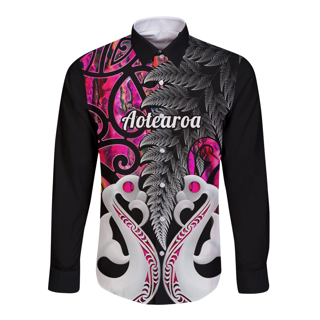 Personalised New Zealand Long Sleeve Button Shirt Te Manaia Mangopare Maori And Fern Pink Style - Wonder Print Shop