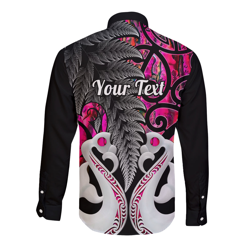 Personalised New Zealand Long Sleeve Button Shirt Te Manaia Mangopare Maori And Fern Pink Style - Wonder Print Shop
