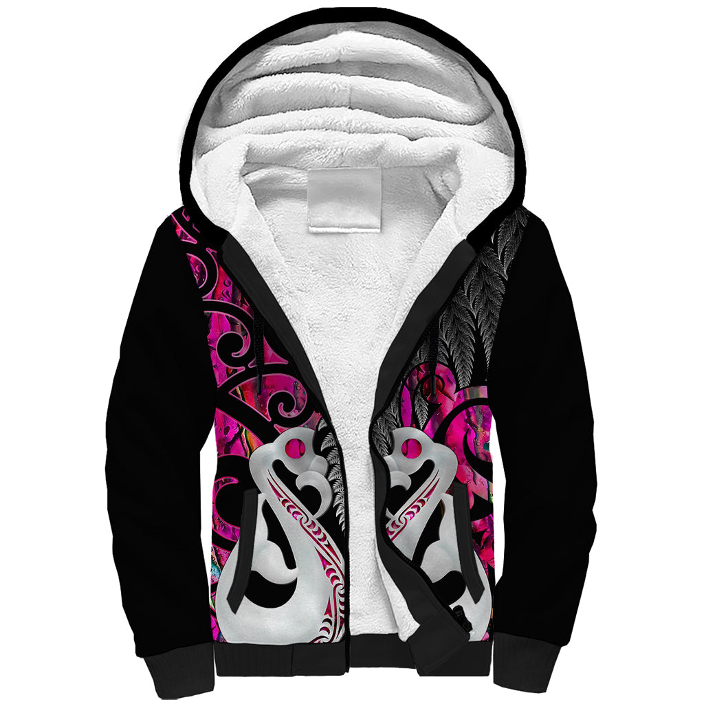 Personalised New Zealand Sherpa Hoodie Te Manaia Mangopare Maori And Fern Pink Style - Wonder Print Shop