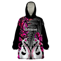 Personalised New Zealand Wearable Blanket Hoodie Te Manaia Mangopare Maori And Fern Pink Style - Wonder Print Shop