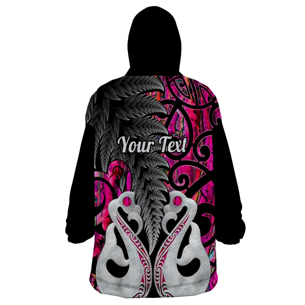 Personalised New Zealand Wearable Blanket Hoodie Te Manaia Mangopare Maori And Fern Pink Style - Wonder Print Shop