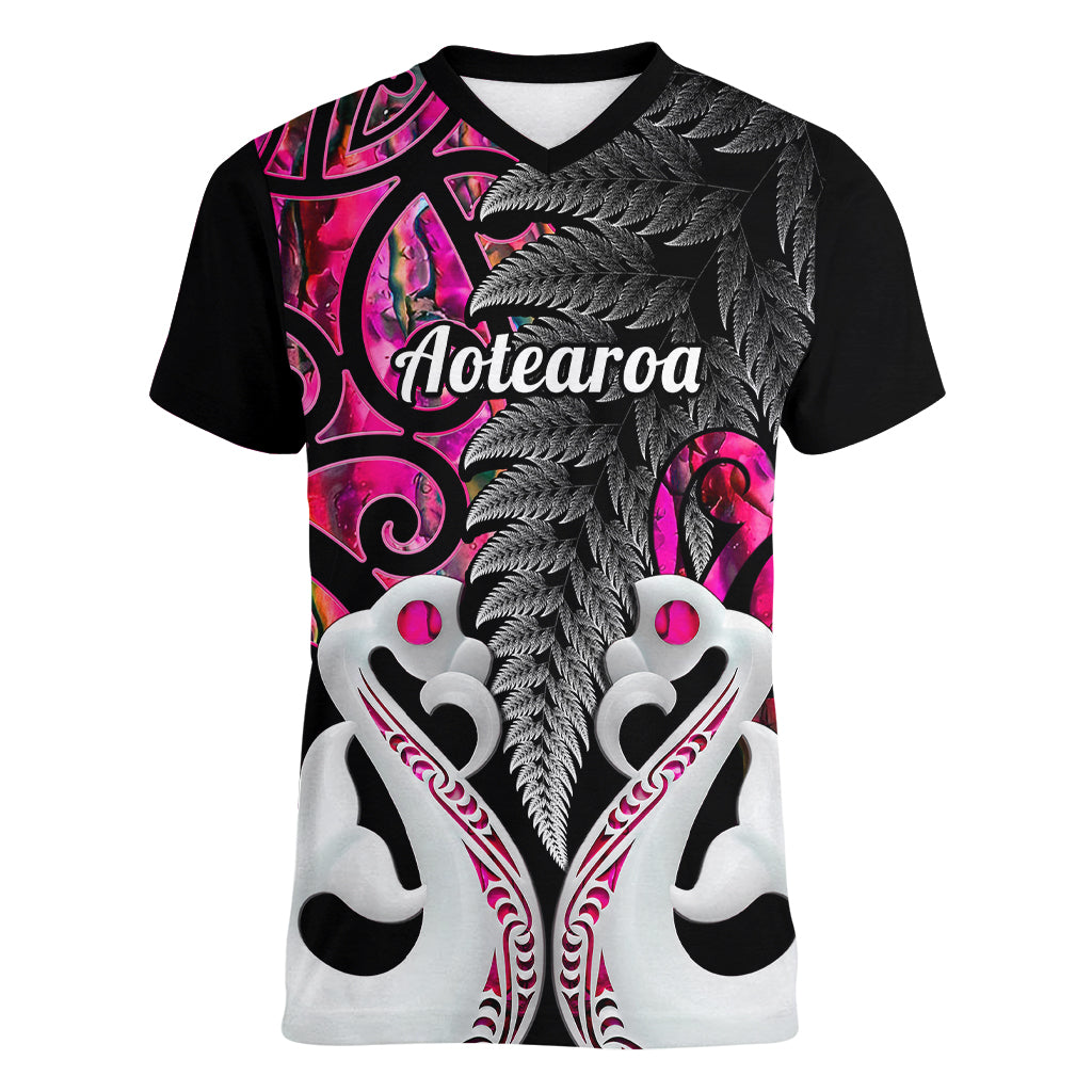 Personalised New Zealand Women V Neck T Shirt Te Manaia Mangopare Maori And Fern Pink Style - Wonder Print Shop