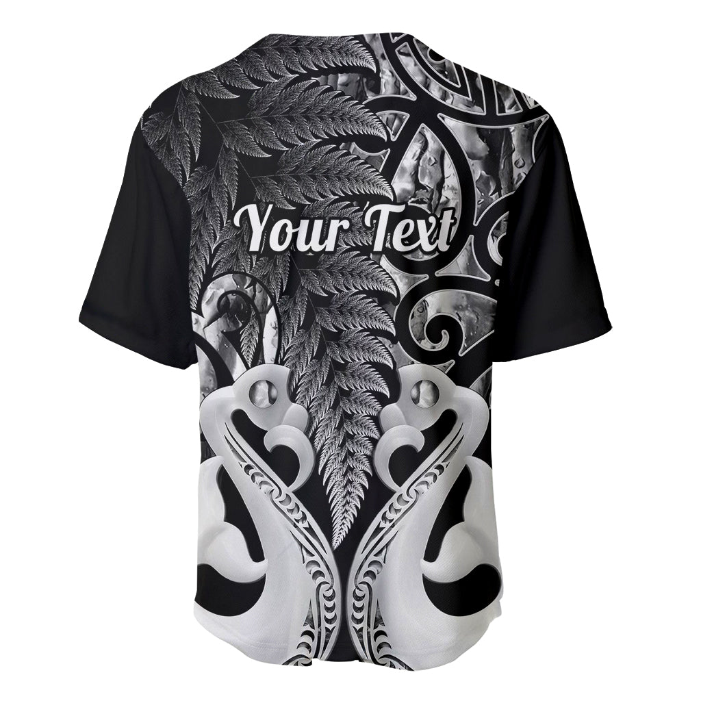 Black V-neck baseball jersey with fern and Maori design, "Your Text" graphic