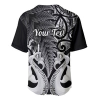 Black V-neck baseball jersey with fern and Maori design, "Your Text" graphic