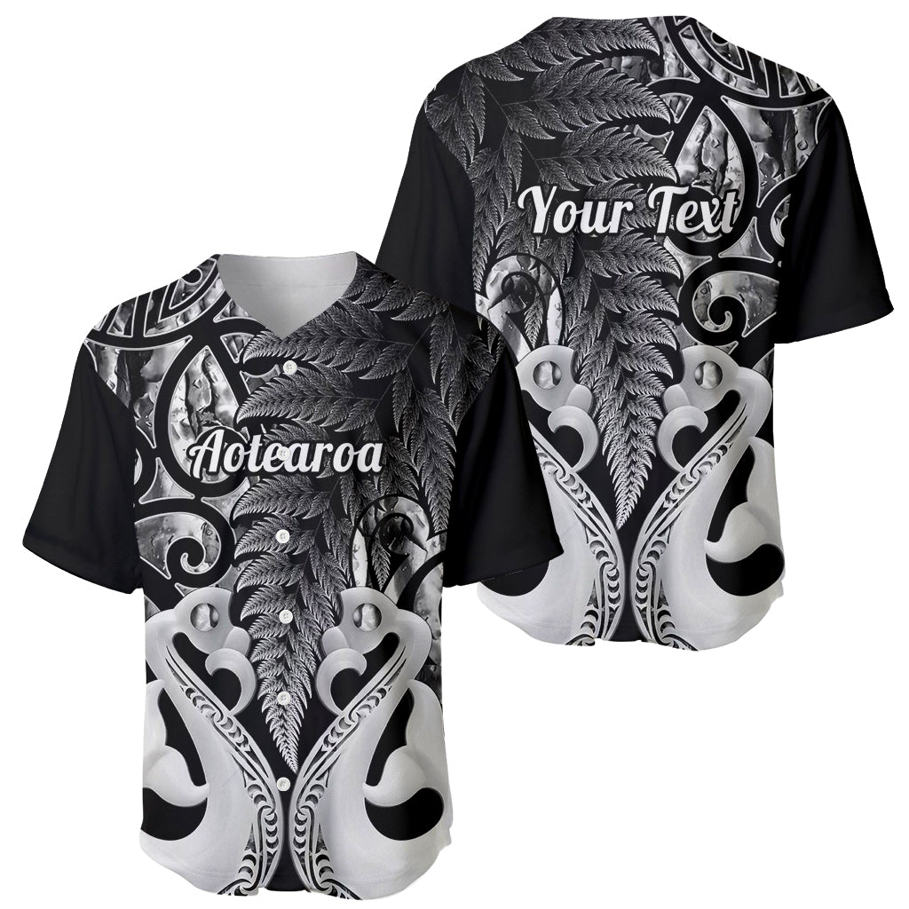Pair of black V-neck baseball jerseys with fern and Maori design, Aotearoa and Your Text