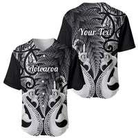 Pair of black V-neck baseball jerseys with fern and Maori design, Aotearoa and Your Text