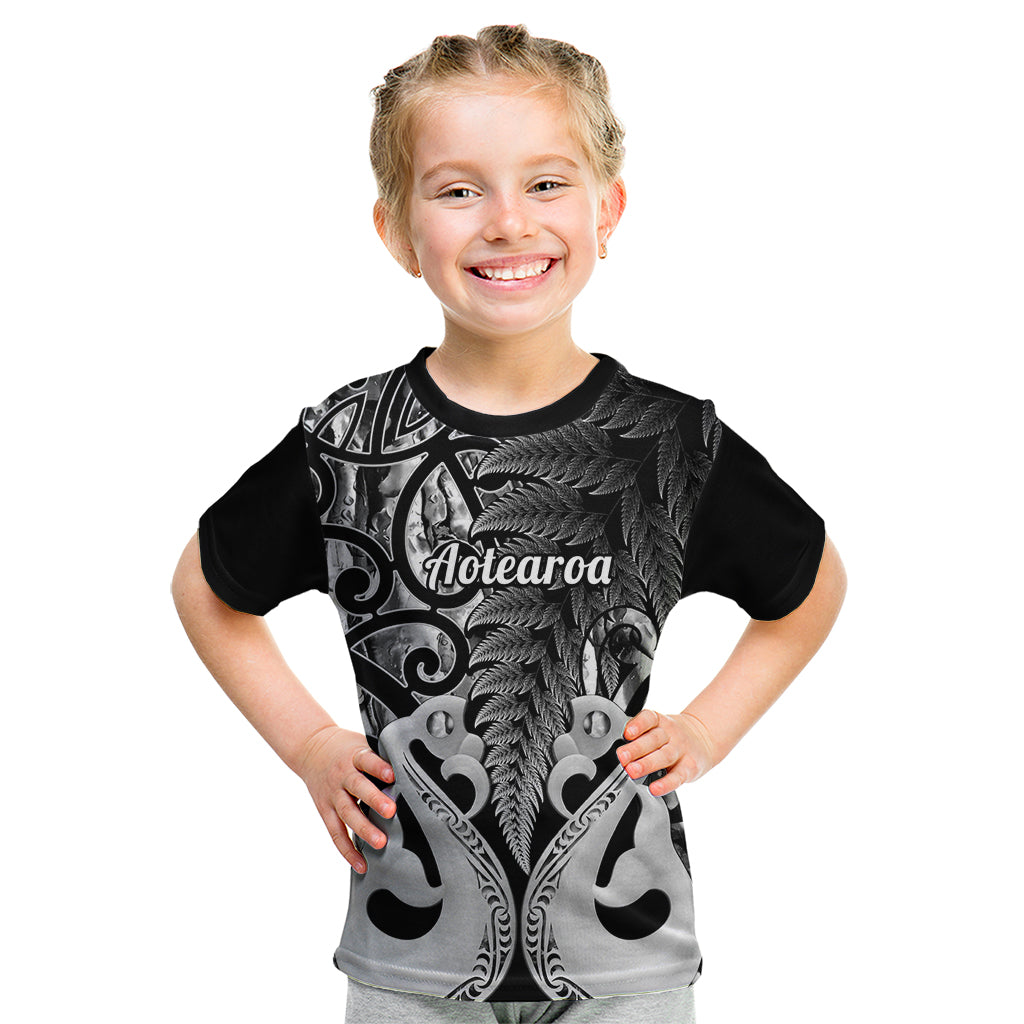 Personalised New Zealand Kid T Shirt Te Manaia Mangopare Maori And Fern Black Style - Wonder Print Shop