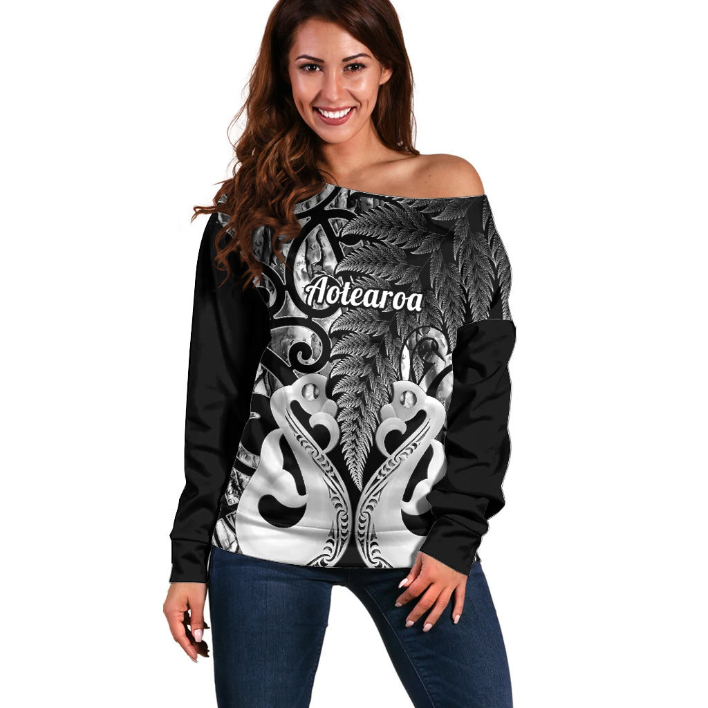 Personalised New Zealand Off Shoulder Sweater Te Manaia Mangopare Maori And Fern Black Style - Wonder Print Shop