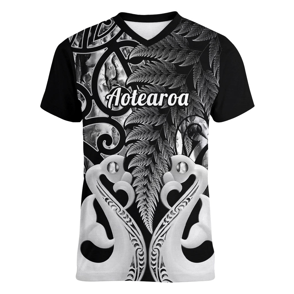 Personalised New Zealand Women V Neck T Shirt Te Manaia Mangopare Maori And Fern Black Style - Wonder Print Shop