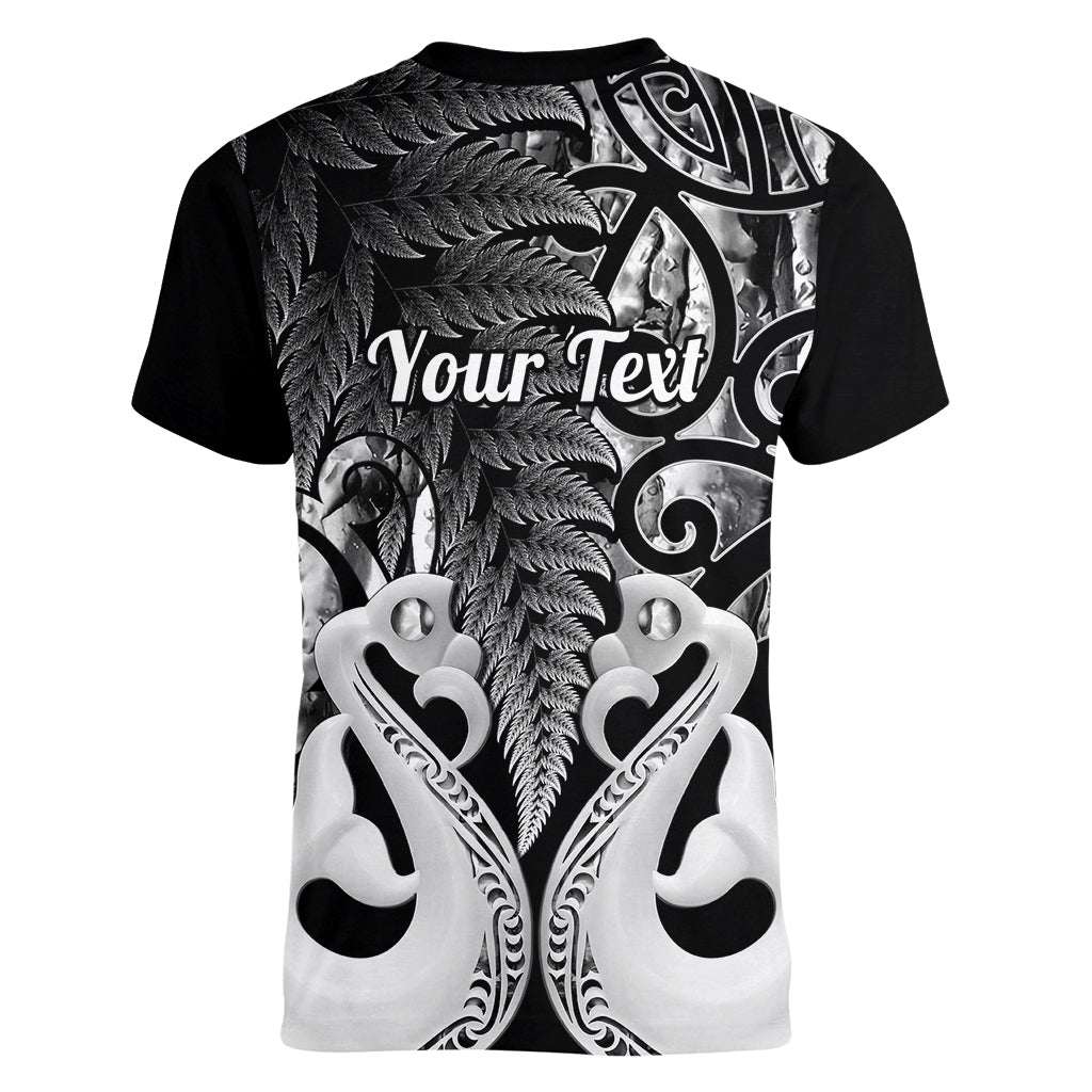 Personalised New Zealand Women V Neck T Shirt Te Manaia Mangopare Maori And Fern Black Style - Wonder Print Shop